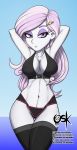 1girl bra breasts equestria_girls female female_only fleur_de_lis fleur_de_lis_(mlp) friendship_is_magic hands_behind_head long_hair looking_at_viewer my_little_pony nipple_outline panties partially_clothed solo standing stockings underwear