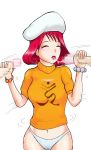 1girl ace_attorney artist_request blush capcom censored closed_eyes cum cum_in_mouth cum_string disembodied_penis double_handjob fellatio hair hanaka_nodoka handjob hat headgear ini_miney multiple_penises navel oral panties penis red_hair simple_background underwear white_background