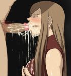  1girl :&gt;= bad_id bare_shoulders black_background blush breasts brown_hair censored closed_eyes cum cum_drip cum_on_body cum_on_breasts cum_on_upper_body cumdrip erect_nipples fellatio hair lipstick long_hair makeup nipple_tweak oral penis pubic_hair s_(tenshi_no_kiss) sleeveless sleeveless_turtleneck solo_focus tales_of_(series) tales_of_the_abyss tear_grants turtleneck zaqxsw_(pixiv) 