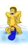 cheating_husband cheating_wife marge_simpson ned_flanders on_bed pussylicking the_simpsons upside-down yellow_skin