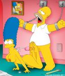  ass big_breasts bound_arms cartoon_avenger chains cum_on_back footjob homer_simpson marge_simpson the_simpsons yellow_skin 