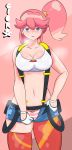  aina_ardebit belt big_breasts breasts ciorox looking_at_viewer panties pink_hair promare short_top shorts shorts_pull striped_panties suspenders 