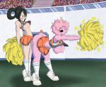 2_girls ass bent_over big_breasts breasts cheerleader futanari green_hair long_hair mina_ashido miniskirt my_hero_academia nipples penis pink_hair pink_skin precum short_hair smile testicle tsuyu_asui