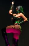 1girl 1girl 3d absurd_res alluring armband ass bodysuit breasts chain dancing hair_over_one_eye hand_on_hip high_heels high_res jade_(mortal_kombat) leotard manbasama mask midway_games mortal_kombat nail_polish pole tagme