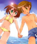 2boys baka_to_test_to_shoukanjuu bikini blush boy crossdress crossdressing gay girly hand_holding holding_hands kinoshita_hideyoshi lowres male male_focus male_only multiple_boys ocean sea smile summer swimsuit topless topless_male trap water yaoi yoshii_akihisa young