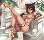  1girl :3 animal_ears armlet armpits bare_shoulders bastet bastet_(houtengeki) bikini black_hair blush bracer breasts bridal_gauntlets cat_ears dark_skin earrings egyptian elbow_gloves female gloves highres houtengeki jewelry kneepits large_breasts leg_up legs looking_at_viewer lots_of_jewelry necklace nekomimi open_\m/ original pelvic_curtain plant pyramid reclining red_eyes revealing_clothes short_hair side_glance sitting smile solo swimsuit tan thick_thighs thigh_strap thighs underboob 