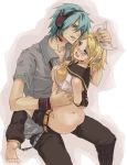 1boy 1girl aqua_eyes aqua_hair bad_id barefoot blonde_hair blush clothed_sex genderswap hair_ornament hair_ribbon hairclip hatsune_mikuo headphones headset hetero kagamine_rin mikuo_hatsune necktie open_mouth rape ribbon senbei_(pixiv_631257) senbei_(roof-lock) sex short_hair shorts smile sweat tears vaginal vocaloid