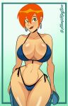 1girl 1girl atomickingboo ben_10 big_breasts bikini blue_bikini blue_swimsuit cartoon_network female_only future_gwen_tennyson green_eyes gwen_tennyson orange_hair red_hair red_lipstick short_hair smile stockings swimsuit thick_ass thick_thighs