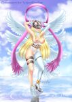 1girl 2015 alluring angel angewomon belt big_breasts blonde_hair blush boots breasts clouds digimon elbow_gloves erect_nipples gloves hair headgear helmet mazohyst_moemi navel nipples outside puffy_nipples pussy sky smile standing uncensored very_long_hair water wet wings