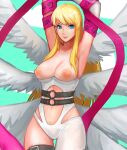 1girl alluring angel angel_wings angewomon bare_shoulders blonde_hair blue_eyes breasts digimon female_only long_hair looking_at_viewer medium_breasts mole mole_under_eye multiple_wings nipples pixiv shiny_skin smile wings 拔萝拨.cn