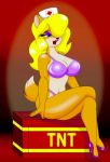  1girl alluring anthro bandicoot big_breasts bikini bikini_top blonde_hair blue_eyes breasts cleavage crash_bandicoot_(series) eyelashes eyeshadow furry hair_over_one_eye high_heels hips legs legs_crossed long_hair looking_at_viewer mostly_nude nurse_hat sexy sitting slut stomach tail tawna_bandicoot thighs thong vampirefoxys 