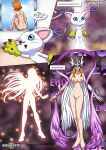 1girl alluring angewomon barefoot big_breasts blonde_hair breasts censored covered_eyes digimon digimon_adventure hair headgear helmet legs long_hair lying nipples nude palcomix sora_takenouchi winged_helmet