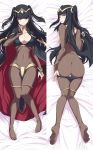 1girl ario ass big_breasts black_hair blush bodysuit bracelet breasts butt_crack cape cleavage dakimakura feet fire_emblem fire_emblem:_kakusei full_body jewelry large_breasts long_hair looking_at_viewer looking_back lots_of_jewelry lying multiple_views nintendo no_shoes on_back pale_skin panties panty_pull pulled_by_self sideboob smile soles solo tharja thigh_gap tiara toes twintails two_side_up underwear undressing