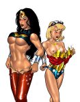  2_girls big_breasts black_hair blonde_hair breasts cassandra_sandsmark cassie_sandsmark clothes clothes_swap costume_swap costume_switch dc_comics diana_prince dressing female_only hair small_breasts tcatt wonder_girl wonder_woman 