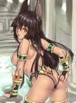 1girl :o adjusting_clothes adjusting_swimsuit animal_ears anubis anubis_(houtengeki) arm_support armlet ass back bare_shoulders black_hair blush bracer breasts bridal_gauntlets dark_skin egyptian egyptian_mythology houtengeki indoors jewelry large_breasts long_hair looking_at_viewer looking_back lots_of_jewelry open_mouth original pink_eyes pool red_eyes sideboob sling_bikini solo strap_gap strap_lift swimsuit thighhighs thighs water