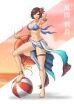  1girl alluring athletic_female ball bare_shoulders beachball big_breasts bikini breasts brown_hair female_abs fit_female flower gdaigonart geoffrey_daigon hair_flower hair_ornament high_res kazama_asuka namco short_hair swimsuit tekken tekken_tag_tournament_2 