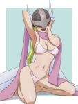 1girl alluring angel angel_wings angewomon bikini blonde_hair blush breasts cleavage covered_eyes digimon digimon_(species) female_only hand_behind_head hand_on_face helmet kneel lipstick long_hair midriff navel pinup plain_background posing red_lipstick smile villagesman wings