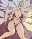 1girl alluring angel_wings angewomon arttoru big_breasts bikini blonde_hair cleavage digimon female_only helmet leaning_back long_hair smile solo_female thick_thighs thigh_gap thin_waist watermark wide_hips wings