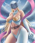 1girl alluring angel angewomon big_breasts breasts cleavage digimon female_abs female_only flowerxl helmet humanoid mask midriff panties shoulders winged_humanoid wings