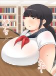  1girl black_hair blush breast_rest breasts female huge_breasts obese shimejix 