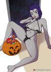 1girl areola areola_slip bell_collar big_breasts bikini black_bikini black_swimsuit breasts candy collar dc_comics doorway forkedtail grey_skin half-closed_eyes halloween jack-o'-lantern licking lollipop micro_bikini naughty_face navel on_floor one-piece_swimsuit pumpkin purple_eyes purple_hair rachel_roth raven_(dc) short_hair sling_bikini swimsuit tagme teen_titans tongue tongue_out