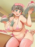 1girl :o bare_shoulders belly bikini bow_bikini breasts brown_hair fat female food green_eyes highres large_breasts meat navel odoriyama_gorou original pink_bikini pink_legwear plump short_hair solo swimsuit thighhighs tray