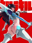 1girl armor ass back-seamed_legwear black_eyes black_hair from_behind glowing junketsu katana kill_la_kill kiryuuin_satsuki long_hair looking_back revealing_clothes seamed_legwear suzu-batsu suzume_(pixiv2138484) sword thighhighs weapon