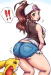 1girl ass ass_sniff back bare_shoulders blush breasts brown_eyes brown_hair denim denim_shorts female fennekin hat hips huge_ass kneepits knees legs looking_back nintendo orizen plump pokemon pokemon_bw pokemon_xy ponytail shiny shorts sideboob sniff sweat touko_(pokemon) wide_hips