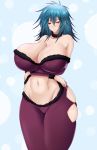 1girl blue_hair breasts bursting_breasts choker cleavage female heterochromia huge_breasts long_hair mound_of_venus navel original purple_eyes saogokushi simple_background smile solo standing thick_thighs thighs yellow_eyes