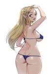 1girl alluring arm_up ass big_breasts bikini blonde_hair blue_bikini blush braid cowboy_shot crown_braid green_eyes hair_ornament hairclip long_hair looking_at_viewer looking_back monbetsu_kuniharu nintendo pointy_ears princess_zelda sideboob simple_background smile standing swimsuit teeth the_legend_of_zelda the_legend_of_zelda:_tears_of_the_kingdom thick_eyebrows upper_teeth_only white_background