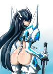 1girl ass black_hair from_behind junketsu kill_la_kill kimyouna_juju long_hair looking_back thong_aside thong_straps