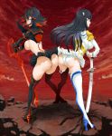 2girls ass ass-to-ass black_hair boots breasts embarrassed gloves high_heel_boots highres junketsu ketn kill_la_kill kiryuuin_satsuki matoi_ryuuko multicolored_hair multiple_girls panties senketsu sideboob thigh_boots thong underwear white_panties