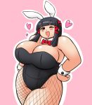 1girl animal_ears bare_shoulders black_eyes black_hair breasts bunny_ears bunny_girl bunnysuit esenoji fat female fishnets hair_ornament heart highleg huge_breasts long_hair os-tan pink_background simple_background solo standing wink xp-tan