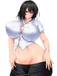  1girl black_hair breasts brown_eyes bursting_breasts covered_nipples curvy erect_nipples female huge_breasts kitagawa_misa_(photokano) midriff mound_of_venus no_bra no_panties no_underwear photokano saogokushi shirt short_hair simple_background skirt skirt_pull solo standing straining_buttons undressing white_background 