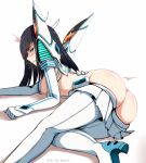  /\/\/\ 1girl armor artist_name ass back-seamed_legwear black_hair blue_eyes blush boots breasts breath hews_hack high_heels junketsu kill_la_kill kiryuuin_satsuki living_clothes long_hair looking_back lying seamed_legwear skirt solo spikes sweat thigh_boots thighhighs 