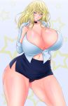 1girl bad_id blonde_hair blue_eyes breasts cleavage female glasses huge_breasts long_hair no_bra original saogokushi solo thick_thighs thighs