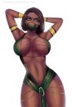 1girl alluring athletic_female big_breasts bikini breasts curvy dark_hair dark_skin female_abs female_only fit_female flowerxl hand_behind_head jade_(mortal_kombat) mask midway_games mortal_kombat pose tagme thick_thighs wide_hips