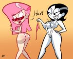  1girl 2_girls assisted_exposure atomickingboo bikini black_hair bottomless female_only looking_back ms._pink pink_hair pop-tart_girl pop-tarts rice_krispies sling_bikini sunglasses white_skin 