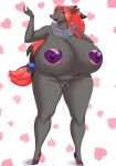  1girl big_ass big_breasts deadpliss grey_skin heart heart_pasties pasties platform_shoes red_hair seductive smile valentine&#039;s_day zoroark 