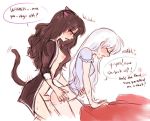 1futa 1girl 2girls animal_ears black_hair blake_belladonna cat_ears cat_tail closed_eyes cum doggy_position female futanari futanari_on_female futanari_with_female hair intersex long_hair multiple_girls nightgown pajamas penis queenfuta rwby sex sweat tail text weiss_schnee white_hair yellow_eyes