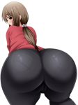 1girl ass bad_id bent_over blush brown_eyes brown_hair denim female from_behind huge_ass jeans light_smile long_hair looking_back matsumoto_yoriko pants pantylines ponytail saogokushi simple_background solo white_background yuyushiki