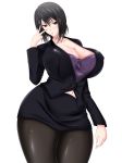 1girl black_eyes black_hair blazer breasts cleavage female huge_breasts office_lady pantyhose saogokushi solo