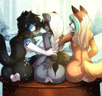 2013 aimi anthro big_breasts black_fur black_hair blue_eyes braid breasts brown_fur butt canine cute female fox fur furry grey_fur hair long_hair nude original original_character outside raccoon sideboob sitting snow white_hair