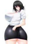 1girl ass black_hair breasts brown_eyes covered_nipples curvy erect_nipples female from_behind huge_breasts kitagawa_misa_(photokano) looking_back miniskirt mound_of_venus photokano saogokushi shirt short_hair simple_background skirt solo standing white_background