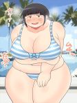  1girl bikini black_eyes black_hair blush breasts female huge_breasts long_hair obese original pool poolside shimejix solo swimsuit water 