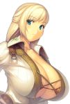  1girl bakunyuu blonde_hair blue_eyes breasts cleavage female final_fantasy final_fantasy_ix fingerless_gloves gigantic_breasts gloves hand_on_hip hentai hyur long_hair simple_background solo straining_shirt yn_red 