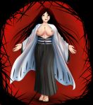  1girl big_breasts black_hair bleach blue_eyes breasts female hair_down highres japanese_clothes katzueki large_breasts long_hair nipples open_clothes ponytail retsu_unohana scar solo standing unohana_retsu 