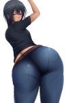  1girl arm_up ass bad_id black_hair blush chuunibyou_demo_koi_ga_shitai! dark_skin denim from_behind huge_ass jeans long_hair looking_back original pants pantylines parted_lips red_eyes saogokushi solo takanashi_touka tan 