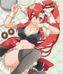 1girl blush bow breasts cleavage doughnut finger_to_mouth food hair_ornament hands legs long_hair lying midriff navel panties red_hair solo suika_soda tengen_toppa_gurren*lagann tengen_toppa_gurren-lagann thighhighs underwear waitress yellow_eyes yoko_littner