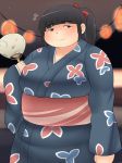  1girl black_hair blush breasts fan female huge_breasts japanese_clothes kimono obese shimejix 